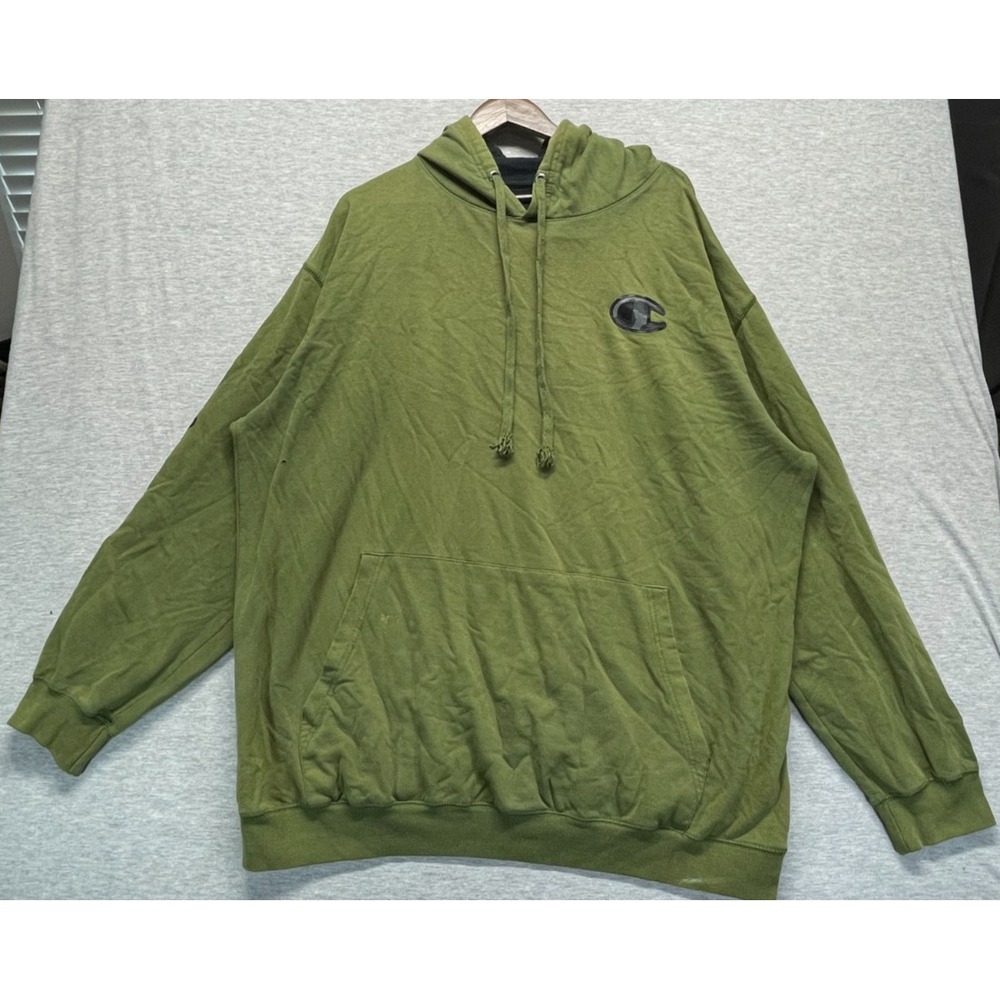 Champion Fleece Hoodie Men 2XLT Olive Green Camo Spellout Logo Cotton Athleisure
